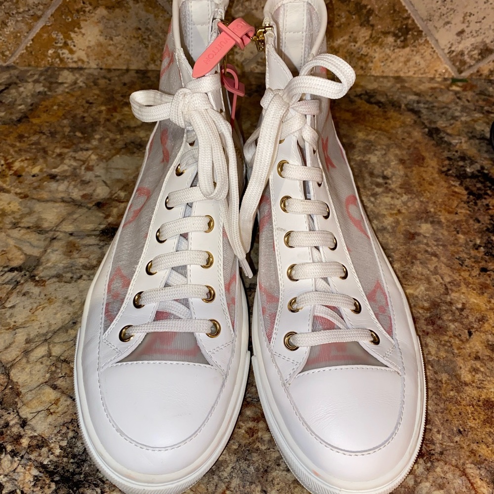 White and Pink High-Top Sneakers